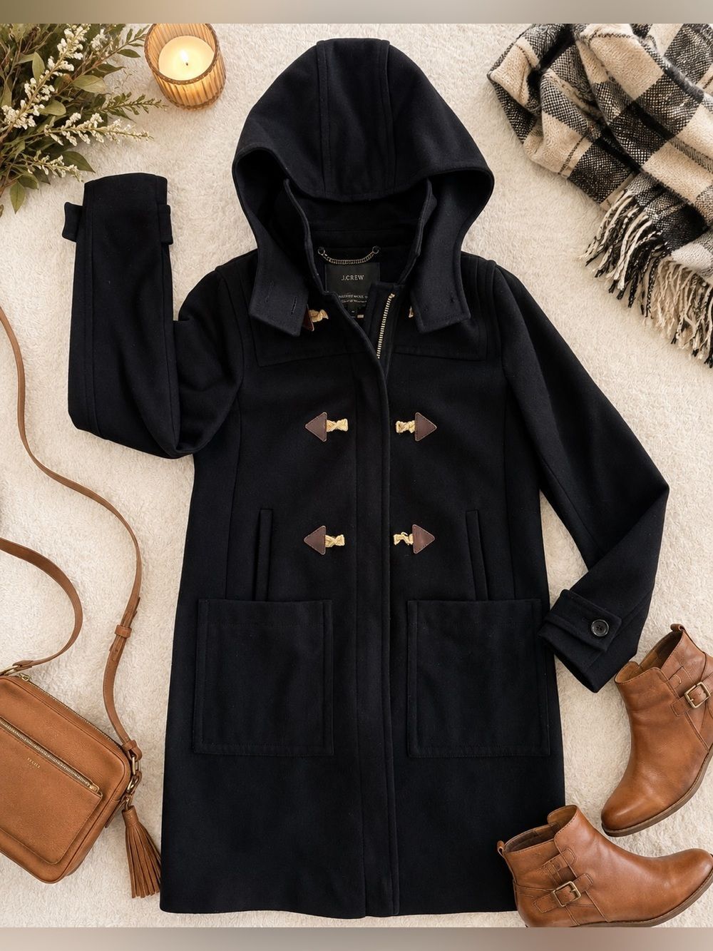 J. Crew Black Hooded Wool-Blend Toggle Coat